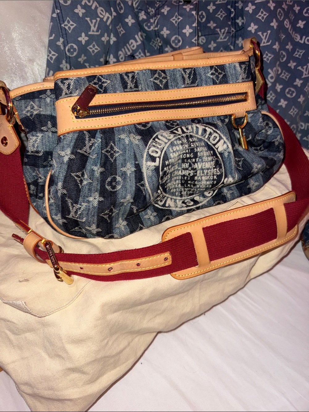Louis Vuitton Blue Denim Monogram Shoulder Bag with Red Strap   Rare!